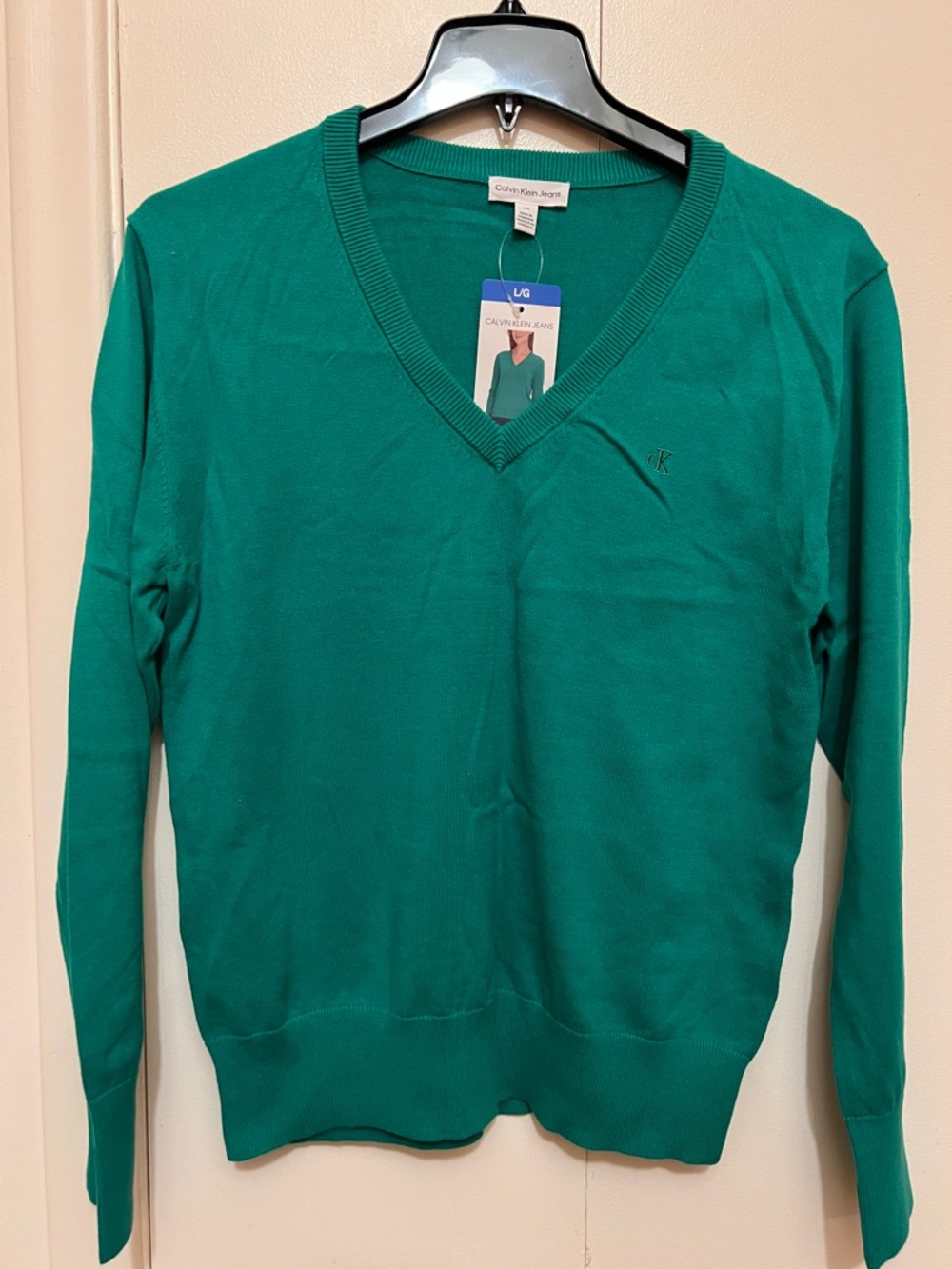 NWT Calvin Klein Green Cotton V-Neck Sweater